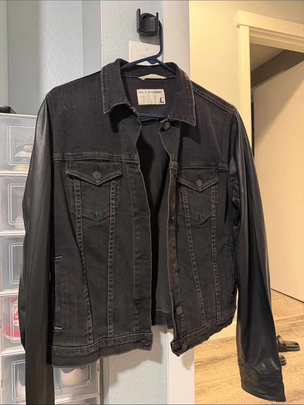 Rag & Bone Black Denim Jacket with Black Faux Leather Sleeves